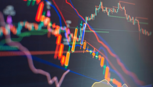 Price graph and indicator red and green candlestick chart on blue theme screen market volatility up and down trend Stock trading crypto currency background