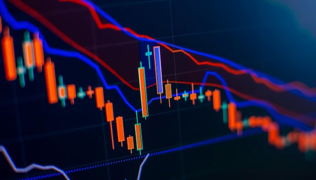 Price graph and indicator red and green candlestick chart on blue theme screen market volatility up and down trend Stock trading crypto currency background