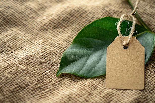 Photo price tag and green leaf on natural materials background sustainable fashion and brand label concept