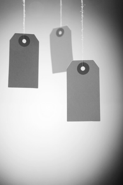 Photo price tags hanging against white background