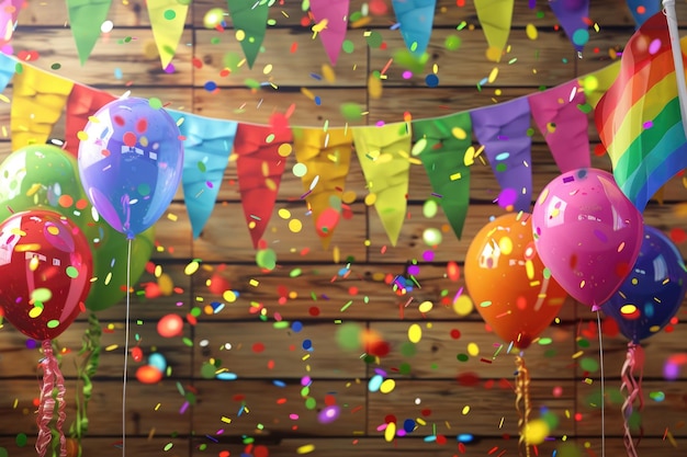 Pride celebration with rainbow flags balloons and empowering banners on a vibrant wooden background