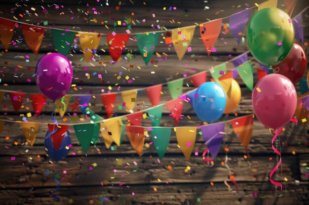 Pride celebration with rainbow flags balloons and empowering banners on a vibrant wooden background