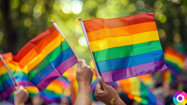 Pride and Empowerment Closeup of Hands Holding RainbowColored Flags