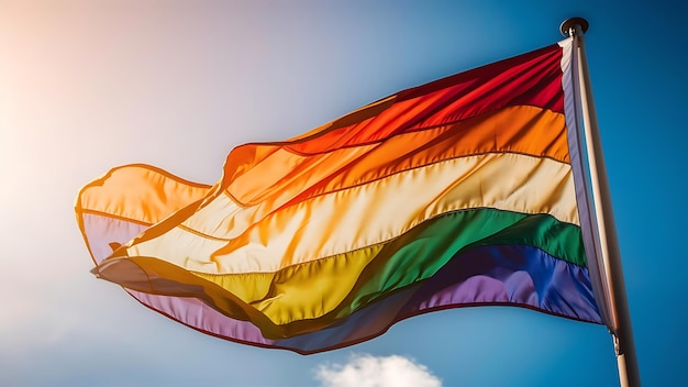 a pride flag is flying in the sky with the sun behind it