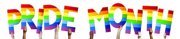 Pride month LGBT banner human hands holding colorful letters