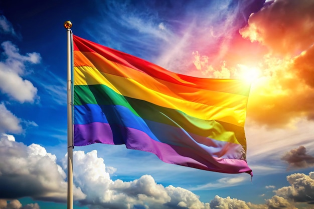 pride month LGBTQ flag flutters against blue sky with clouds and sun