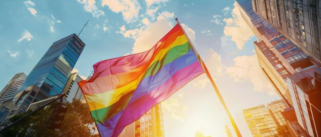 Pride parade with large rainbow flag cityscape bathed in sunlight diverse participants