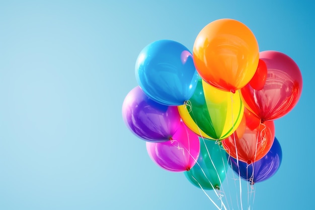 Photo pridethemed balloons floating in the sky vibrant rainbow colors against a clear blue background capturing the sense of freedom and celebration candid and natural moments