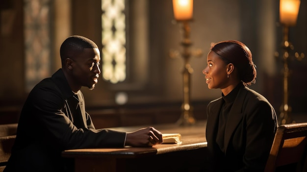 Photo a priest in a church talking to a female parishioner created with generative ai technology