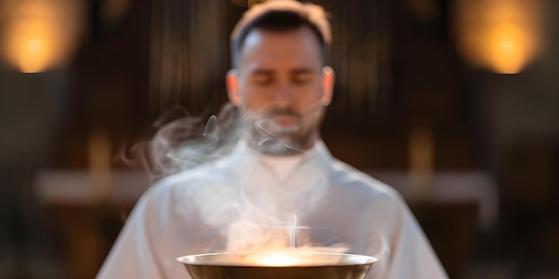 Photo priest preparing eucharist with rising incense smoke during advent mass concept religious ceremony eucharist preparation advent mass priest rituals incense smoke