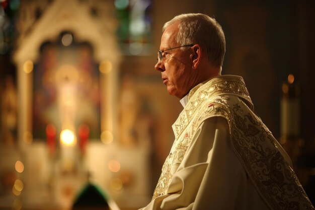 Priest wearing ceremonial robe praying in church