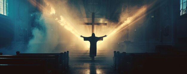 Priest with outstretched arms in front of a glowing cross inside a church