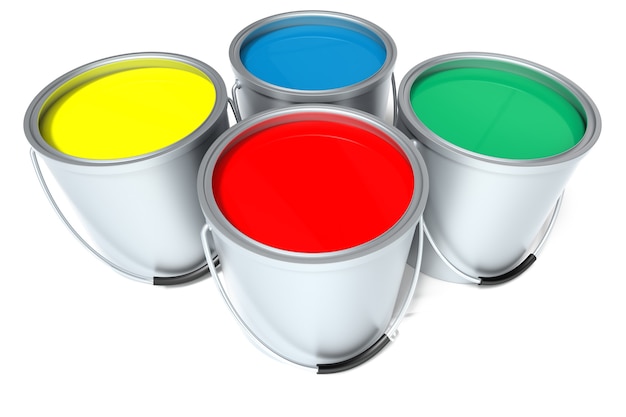 Primary coloured paint cans isolated on a white background. 3D rendering