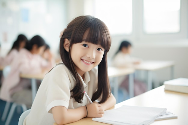 A primary school girl is learning to write