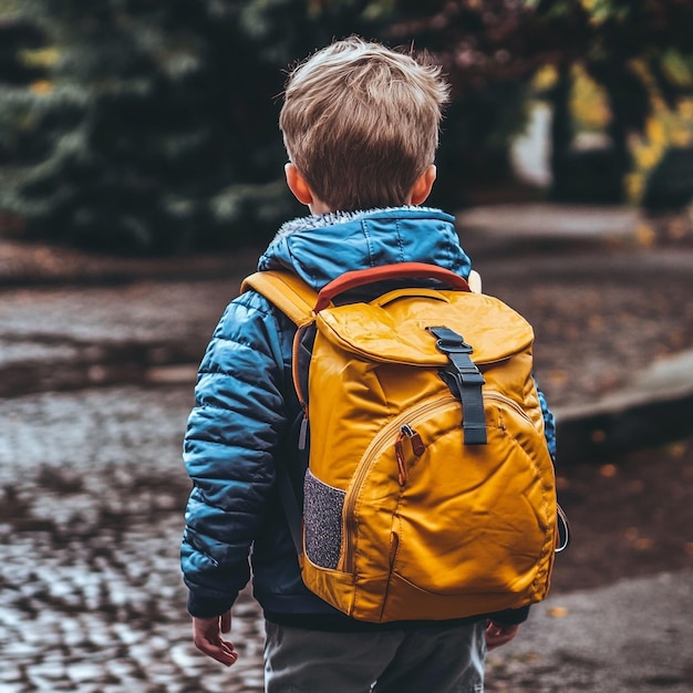 A primary school student is carrying a school bag go to school