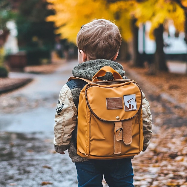 A primary school student is carrying a school bag go to school