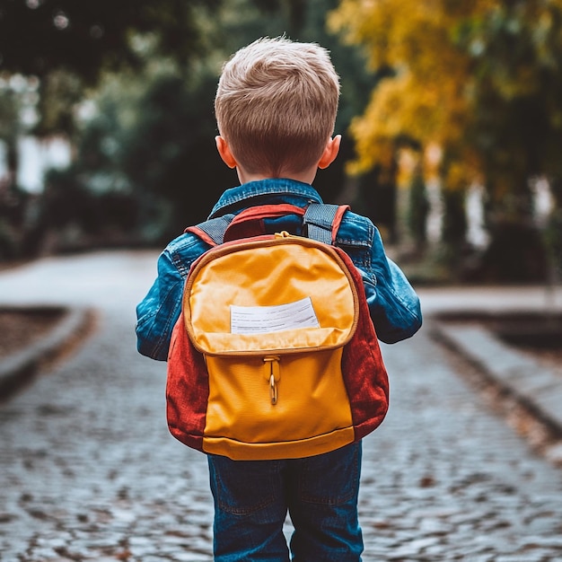 A primary school student is carrying a school bag go to school