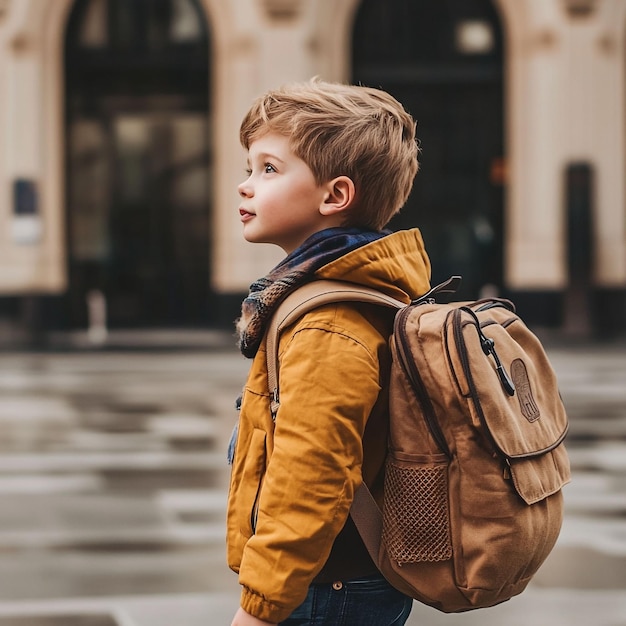 Photo a primary school student is carrying a school bag go to school