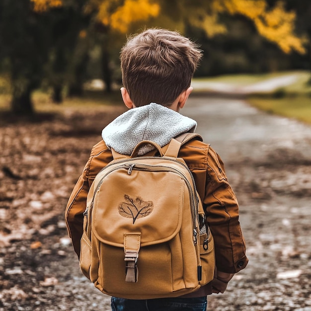 A primary school student is carrying a school bag go to school