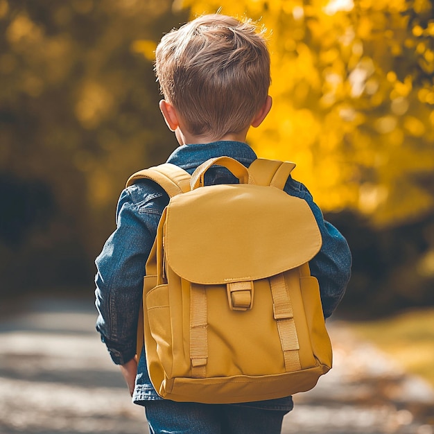 A primary school student is carrying a school bag go to school