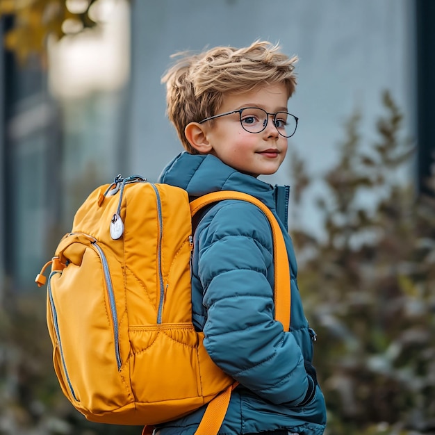 Photo a primary school student is carrying a school bag go to school