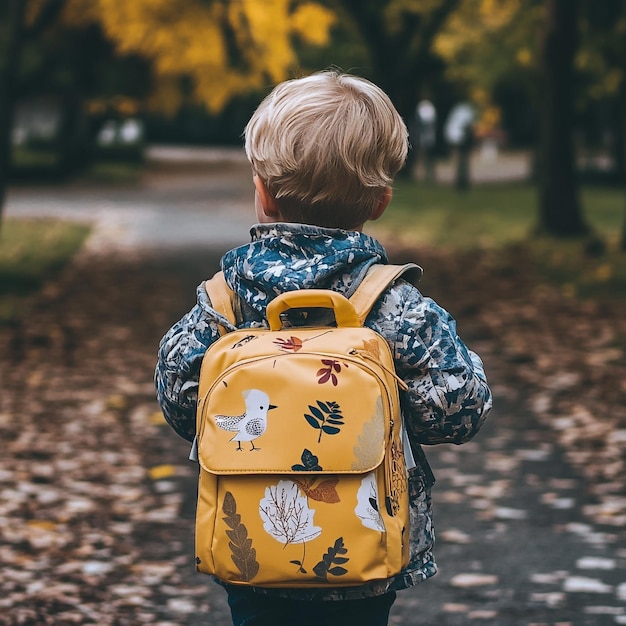 A primary school student is carrying a school bag go to school