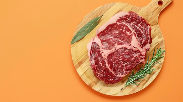 Prime Raw wagyu Rib Eye beef meat steak on wooden board Orange background Generative Ai