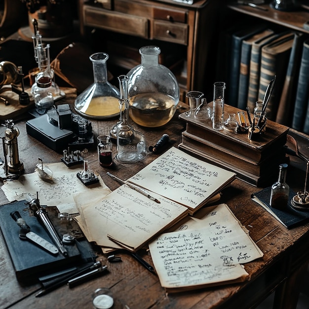 Photo a primitive laboratory table with old scientific equipment and handwritten notes