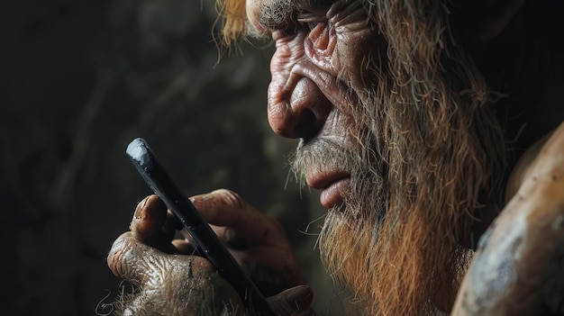 Primitive Meets Modern Neanderthal Man with Mobile Device