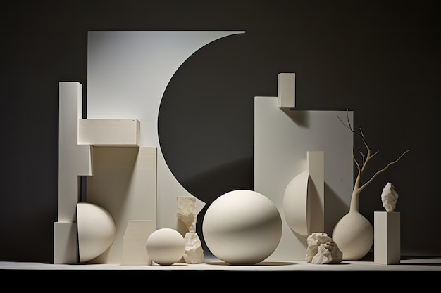 Primitive Perspectives A Captivating Abstract White Still Life Installation with Sliced Geometric S