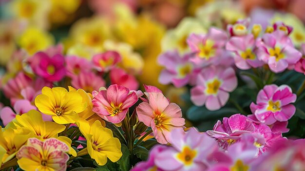 Primrose patch with vibrant yellow and pink blooms