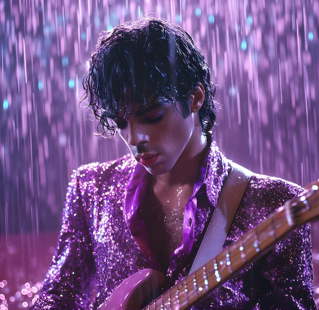 Photo prince playing electric guitar in the rain