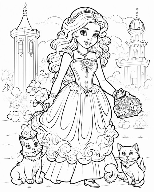 Princess and the Cats Coloring Page