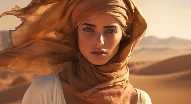 Princess of Persia desert sands young attractive girl in traditional in authentic clothing piercing look hijab