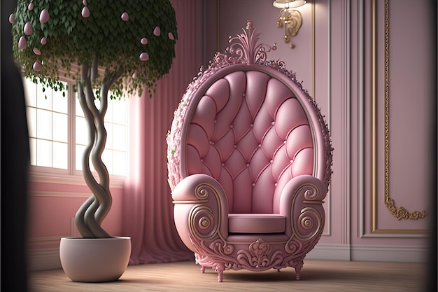 Princess pink armchair in fairy tale room created with generative ai