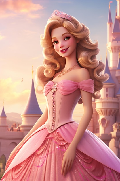 Princess in a pink pastel dress outside a castle