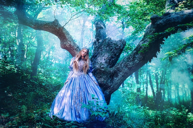 Princess in vintage dress walking in magic forest