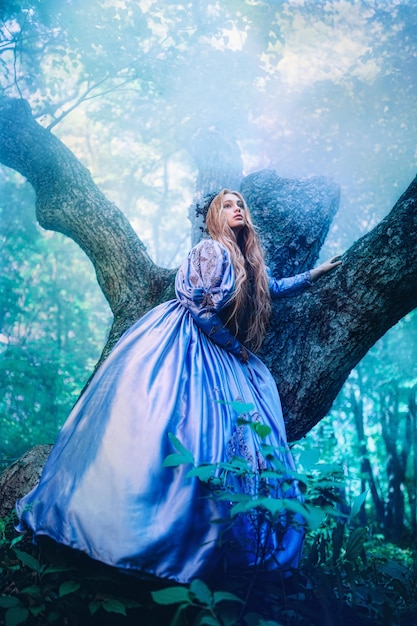 Princess in vintage dress walking in magic forest