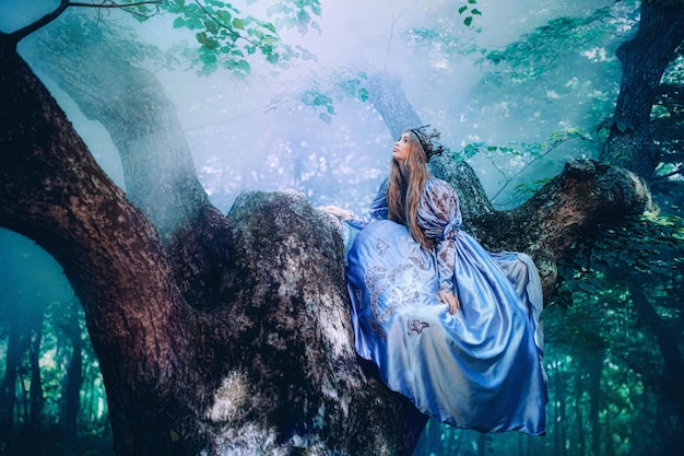 Princess in vintage dress walking in magic forest