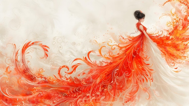 Princess wearing a phoenix theme wedding dress design watercolours on white background