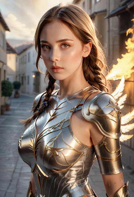 a princess wearing a white dress and golden armor with a blurred background of blazing fire