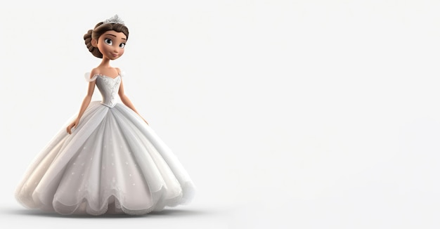 A princess in a white dress is standing on a white background