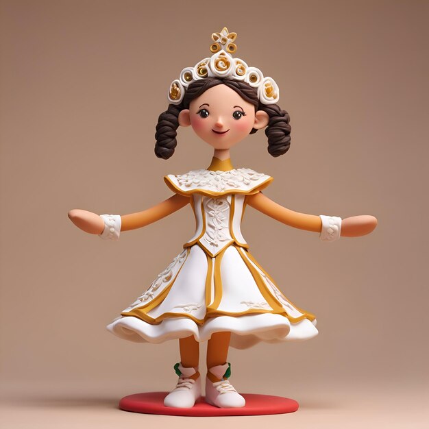 Princess with crown on her head and white dress 3d illustration