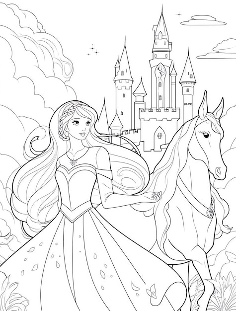 a princess with a horse and castle in the background