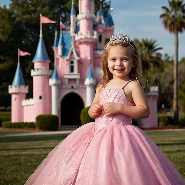 Photo a princess with a pink dress and pink castle in the background