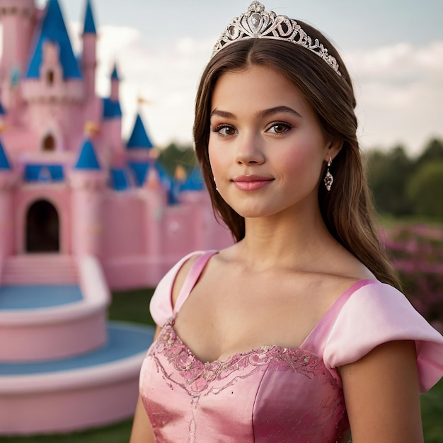 A princess with a pink dress and pink castle in the background