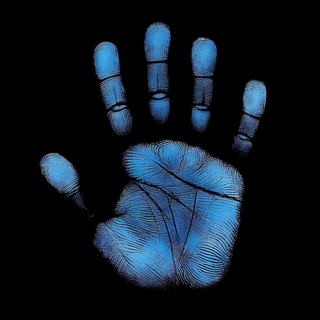 print of a blue hand on a black background