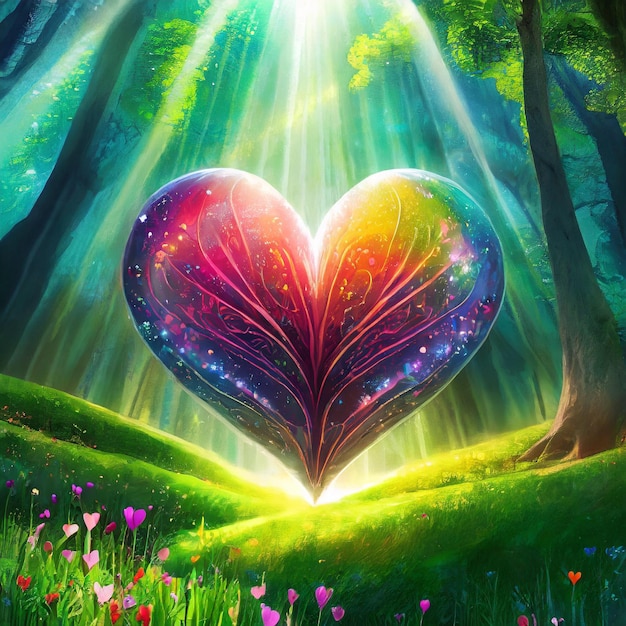 Print Colourful fantasy heart light beam green forest field