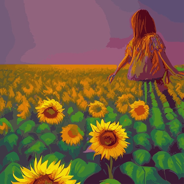 Print Vector illustration sunflower flower sunset rural landscape oil painting with golden sunflower field Warm sunset