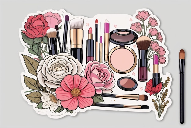 printable sticker of makeup kit with some flowers